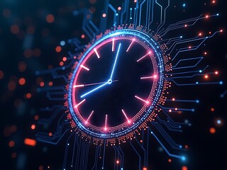 Obraz premium Futuristic digital clock with glowing circuits, symbolizing technology, time management, and innovation.