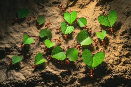 Leafcutter ants collaboratively transport heart-shaped leaves across sandy terrain. - Powered by Adobe