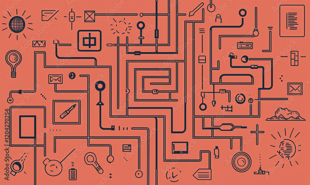 Poster abstract maze-like design featuring various icons and pathways on a vibrant orange background.