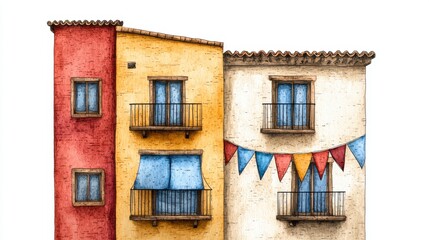 Colorful Building Facades with Banners and Windows in Artistic Style