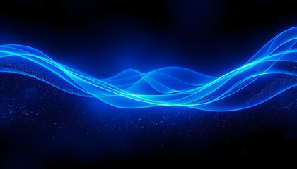 Blue glowing waves with particles in space widescreen abstract background, glowing neon, with white tones