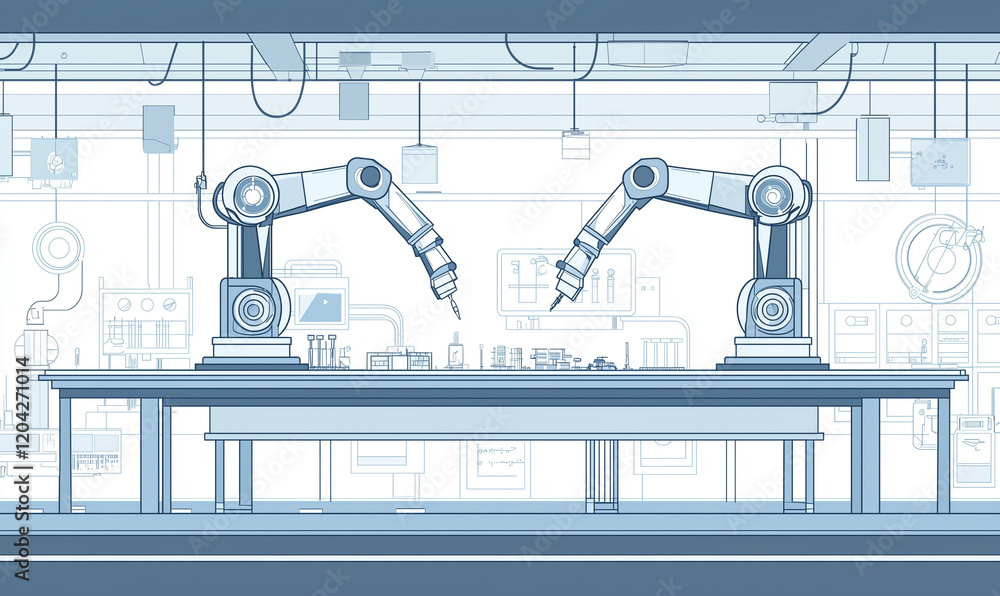 Poster robotic arms in a modern workshop setting, showcasing automation and precision in manufacturing proc