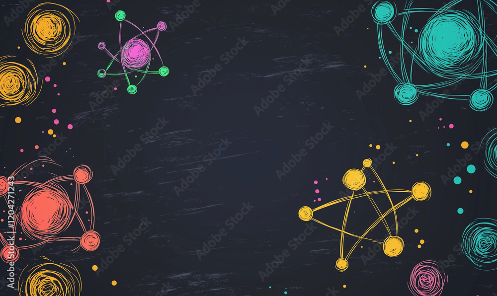 Poster colorful abstract representation of molecular structures on a dark background, suitable for scientif