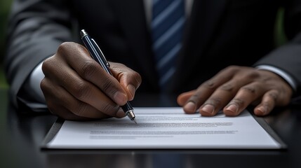 Fototapeta premium African male adult signing document at office desk