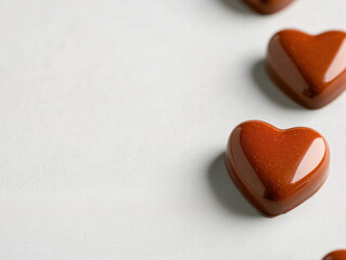 Fototapeta premium Heart-Shaped Chocolate Candies on Minimalist White Background: Sweet Elegance and Sophistication