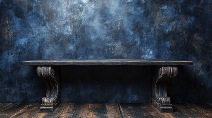 Rustic wooden table against a textured blue and gray wall, creating a moody atmosphere suitable for photography