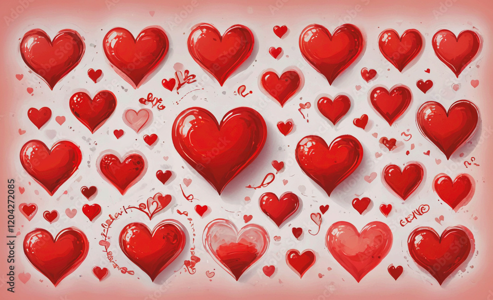 Poster A red heart pattern with many hearts in it. The hearts are all different sizes and are scattered throughout the image