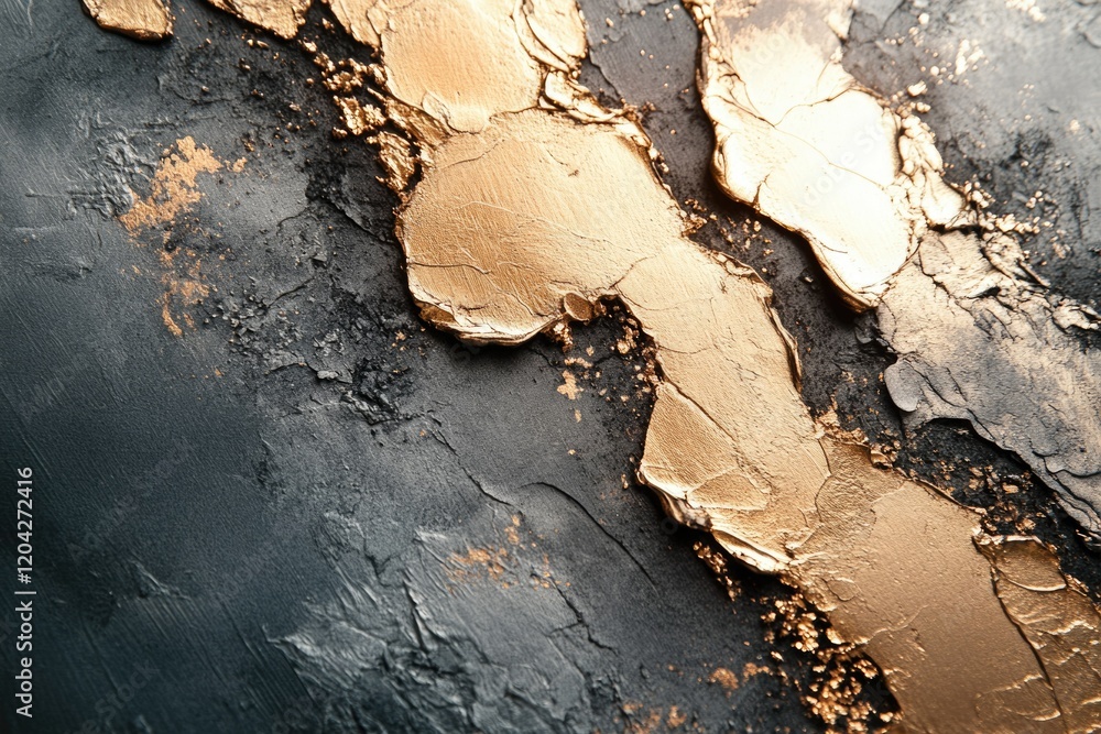 Poster abstract art showcasing a dramatic contrast between dark gray and gold, creating a textured, luxurio