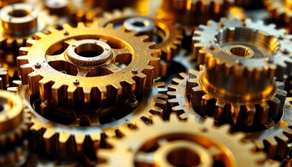 Golden gears interlocking, symbolizing teamwork and precision engineering. Close-up macro photography with reflective metal, smooth surfaces, and dramatic lighting