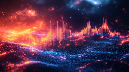Vibrant abstract digital landscape with glowing waves and peaks under a cosmic sky at night