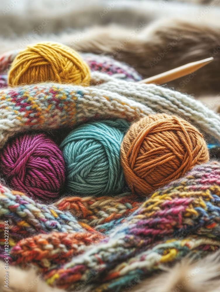Poster colorful yarn balls and knit fabric arranged together in a cozy setting during a crafting session. g