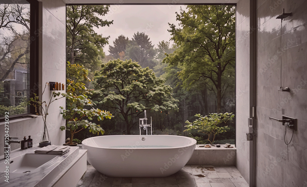 Poster a large white bathtub sits in front of a window with a view of trees. the bathroom is decorated with