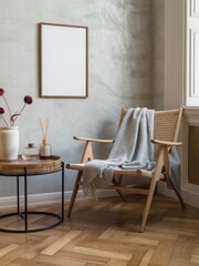 Scandinavian interior, minimalist living room, wooden armchair, rattan backrest, white throw blanket, round side table, framed artwork, textured wall, herringbone wood floor, muted earth tones, natura