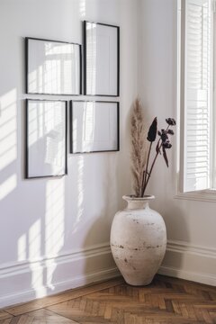 Minimalist interior design, white corner wall, four square mirrors with thin black frames, large white ceramic vase, dried pampas grass, sunlight shadows, clean aesthetic, bright and airy space, Scand