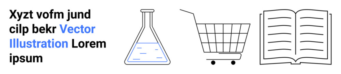 Laboratory flask, shopping cart, and open book symbols placed adjacently. Text in black with blue Vector Illustration. Ideal for education, e-commerce, lab research, marketing, textbooks, online