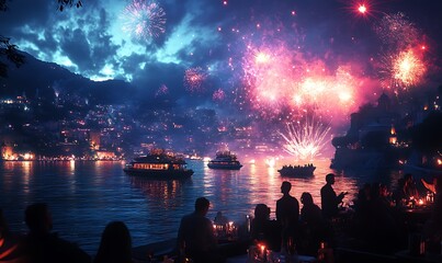 Festive waterfront scene with fireworks over a town at night, people enjoying the spectacle from a restaurant.