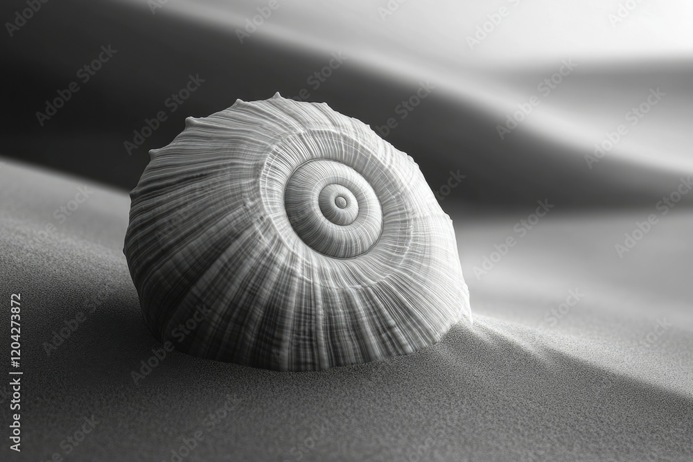 Aufkleber A grayscale image of a spiral seashell resting on sand, showcasing its intricate texture and delicate form.
