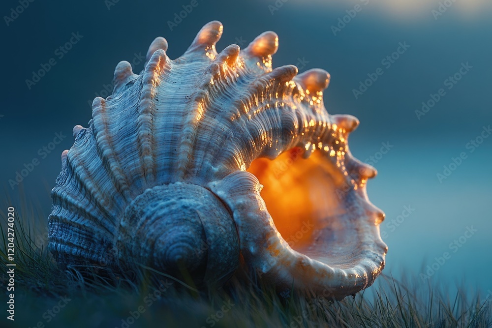 Poster a large seashell glows at sunset, resting in the grass, showcasing intricate details and warm light.