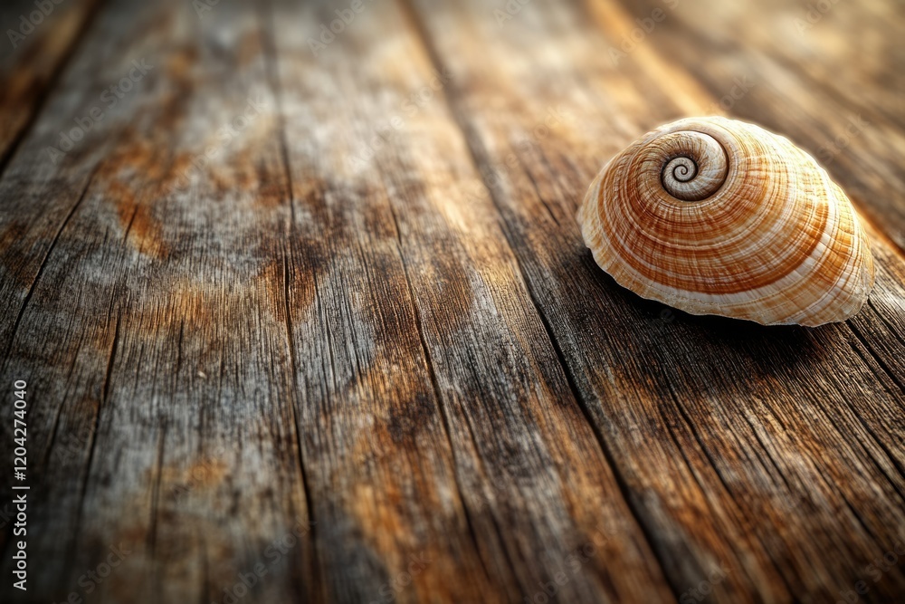 Poster a spiral seashell rests on weathered, rustic wooden planks, evoking a sense of calm and the ocean's 