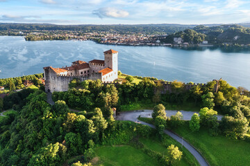Aerial view of Rocca Borromea of Angera with Arona in the background, Angera, Varese province,...