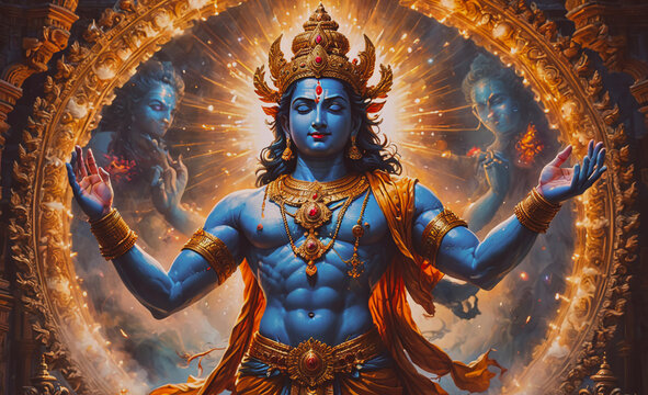 A blue and orange figure with a crown on his head is surrounded by three other figures. The figure is holding his hands up in the air