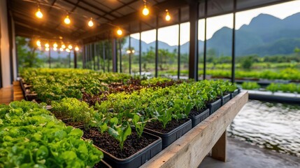 Hydroponic lettuce farm, mountain view, sunset