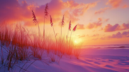 A Florida beach awakens under a radiant sunrise, with sea oats standing tall on a tranquil sand dune (2)