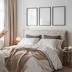Cozy bedroom interior, neutral color palette, beige and white tones, upholstered headboard, soft textured bedding, plush throw blanket, minimalist black frame wall art, white brick wall, sheer curtain