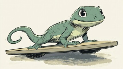 Fototapeta premium Friendly Cartoon Lizard Character Skating on a Wooden Board