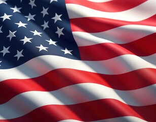 American flag waving in wind. Red white blue stripes, stars. Patriotic image. National symbol. Independence day. Celebration. USA. Freedom. Proudly displayed. Ideal for patriotic themes. Inspiring