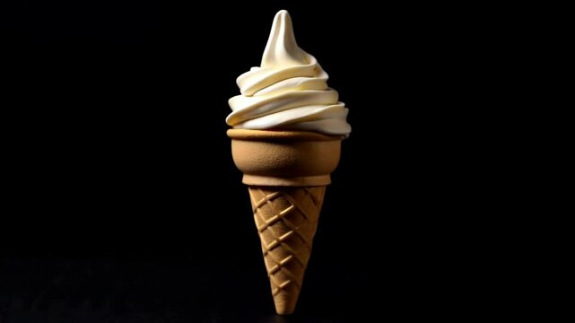 360 Degree Rotation Video of a Creamy Vanilla Ice Cream Cone on Black Background A High Resolution Stock Video for Culinary and Gastronomy Projects