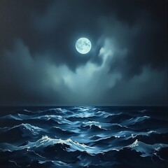 Fototapeta premium Full moon over dark ocean waves at night.