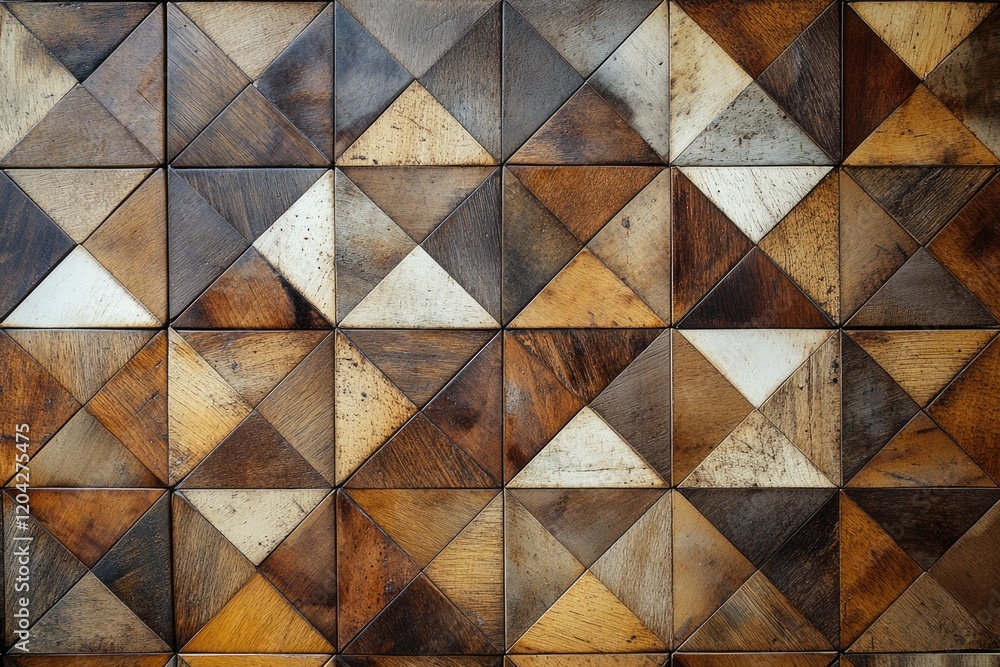 Poster geometric wooden tile pattern with various shades of brown and beige creating a textured surface.