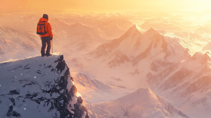 Fototapeta premium A hiker in an orange jacket standing on the edge of a snowy cliff, gazing at a vast mountain range bathed in golden sunlight, evoking a feeling of exploration and wonder (2)