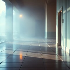 Foggy hallway with sunlight streaming through windows.