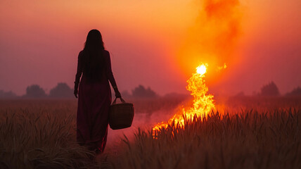 A lone silhouette of a woman carrying a basket of offerings, walking towards a glowing bonfire in the middle of a wheat field, set against a soft pink and orange sunset sky for Lohri (1)