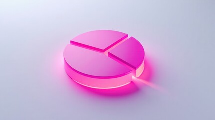 A vibrant pink pie chart graphic with three segments, showcasing data analysis and visualization, illuminated by a soft glow, ideal for presentations and reports.