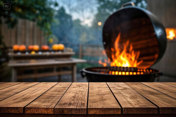 Empty wood table with blur BBQ space for background