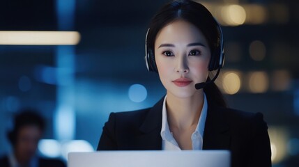 Asian mid age businesswoman ceo executive manager in headset having working videocall on financial report with multiracial colleagues using laptop in modern corporation office. Over shoulder view.
