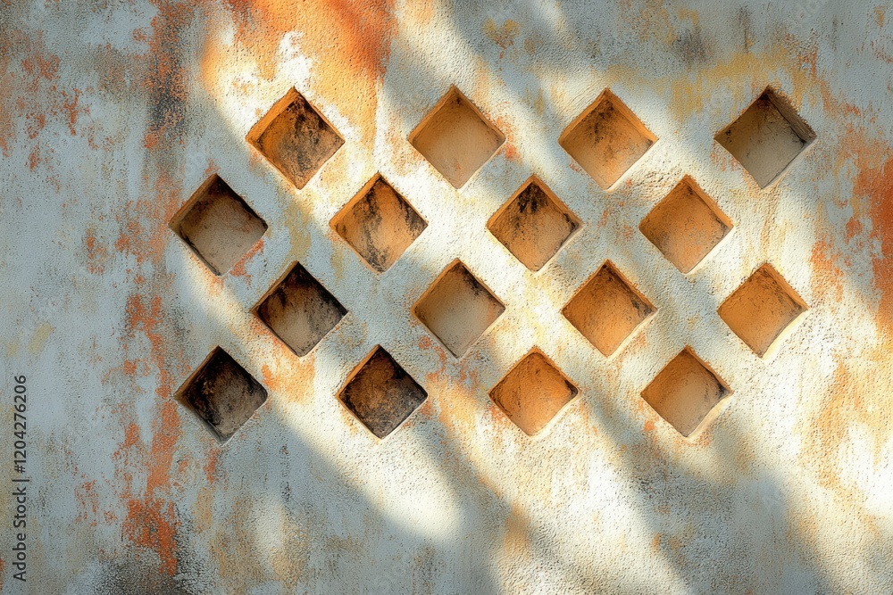 Aufkleber a weathered wall with a grid of diamond-shaped openings, sunlight casting shadows.