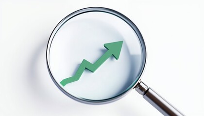 Magnifying glass with a green arrow, symbolizing financial growth and market analysis, highlighting investment and economic trends.