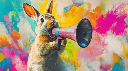 This colorful art collage features an easter bunny with a megaphone, promoting business discounts and job information, ideal for holiday ad campaigns and marketing promotions.