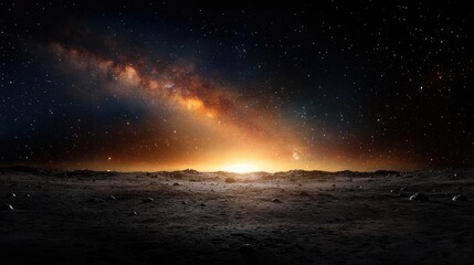 Fototapeta premium Alien planet sunrise, Milky Way backdrop, rocky landscape, space exploration concept