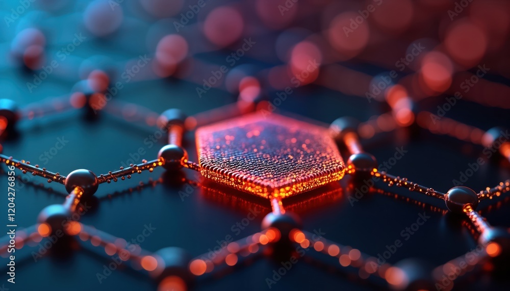 Poster Close-up view of advanced graphene-based biosensor. Tech device detects biomolecules. High sensitivity, tech design. Red-orange highlights interaction area. Complex molecular structure. Advanced