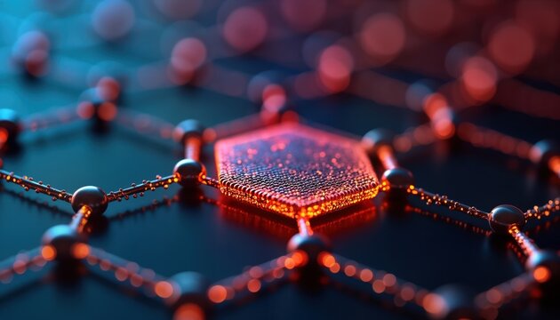 Close-up view of advanced graphene-based biosensor. Tech device detects biomolecules. High sensitivity, tech design. Red-orange highlights interaction area. Complex molecular structure. Advanced