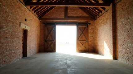 Obraz premium Rustic brick barn interior with large open wooden doors revealing a bright exterior scene