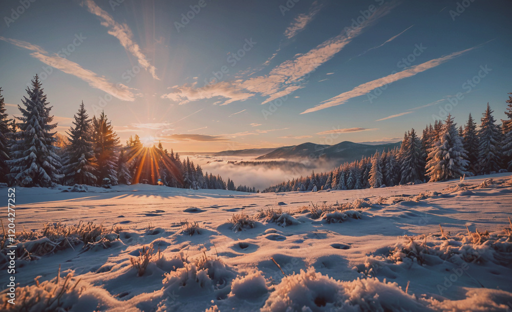 Poster A snowy field with trees in the background and a bright sun in the sky. The sun is shining on the snow, creating a beautiful and serene atmosphere