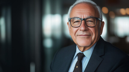 Fototapeta premium A professionally captured headshot of a distinguished Hispanic senior businessman, wearing a sharp suit and tie, exuding confidence and warmth in an elegant corporate office setting (2)