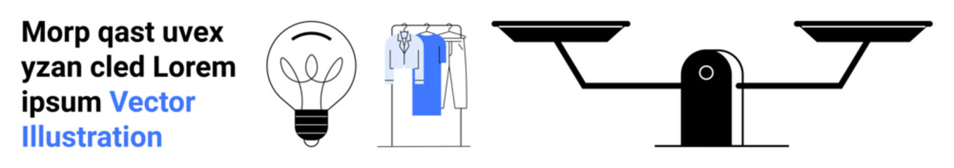 Lightbulb indicating ideas and creativity, a digital transformation setup with data servers, and balanced scales symbolizing weighing options and fairness. Ideal for innovation, technology