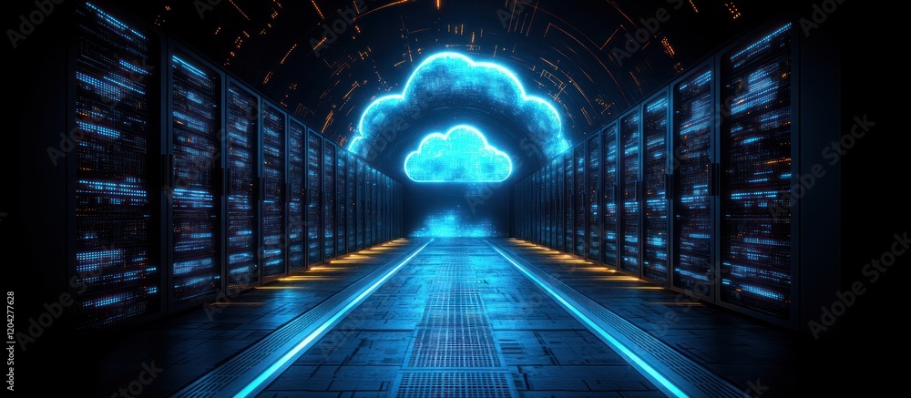 Poster futuristic server room with glowing cloud computing symbol.